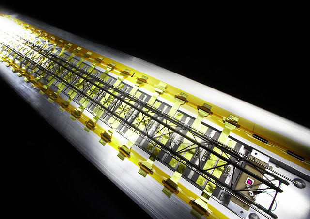 SSD ladder for the ALICE detector. The carbon fibre structure carries 22 double-sided silicon strip detectors (barely visible). 